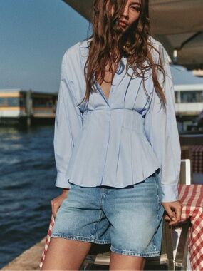 Zara Poplin Shirt with waist pleats light blue